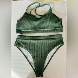 Lilosy High Waisted Tummy Control Green Ribbed Bikini Set